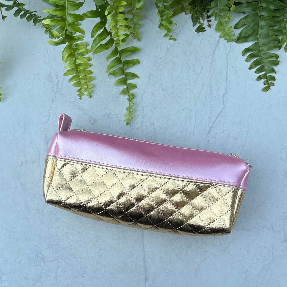 Stylish Pink and Gold Quilted Cosmetic Bag / Pencil Pouch NWT